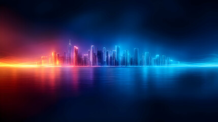 Fototapeta premium A vibrant city skyline illuminated in neon hues reflecting on calm waters at night, showcasing urban beauty.