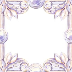 Decorative Square Frame Of Antique Sculpture Elements, Ornament Of Scrolls And Leaves, Pastel Tones, Light Purple, Beige, Pink, Graceful Shapes, Elegant Watercolor Illustration On White Background