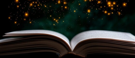 Open Book with Glowing Golden Particles on Dark Background