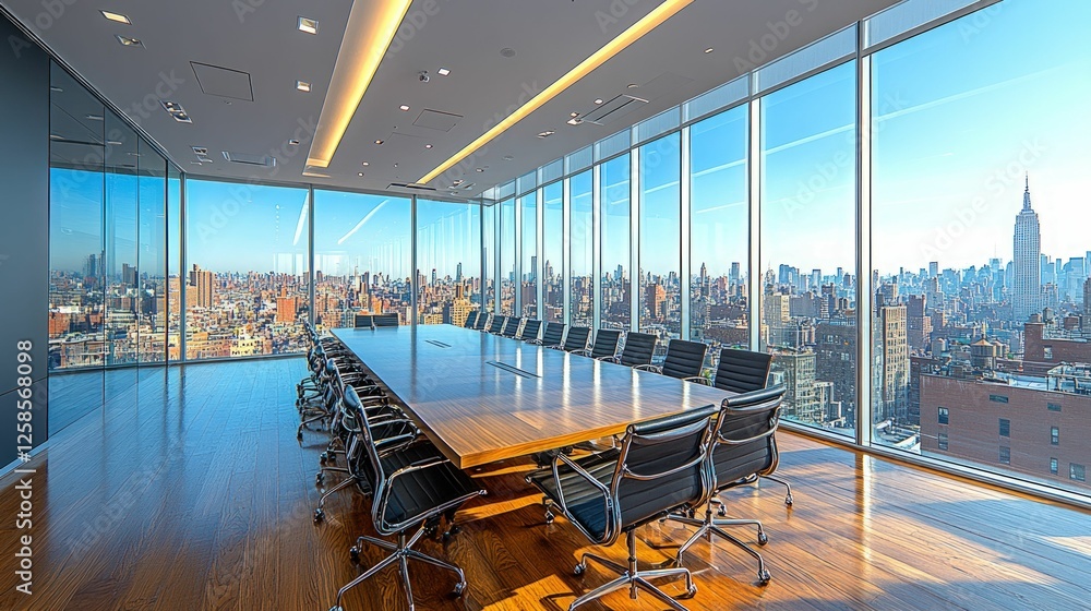 Wall mural Modern boardroom offers panoramic city vista.