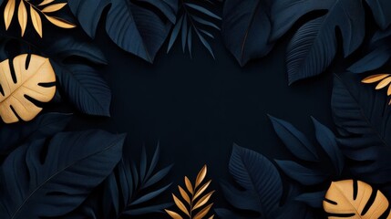 Fototapeta premium Dark blue and gold tropical leaves border with copy space