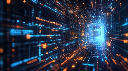 An abstract representation of digital data flow, highlighting vibrant colors and motion through a futuristic tunnel of lights and information.