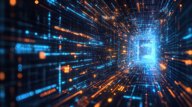An abstract representation of digital data flow, highlighting vibrant colors and motion through a futuristic tunnel of lights and information.