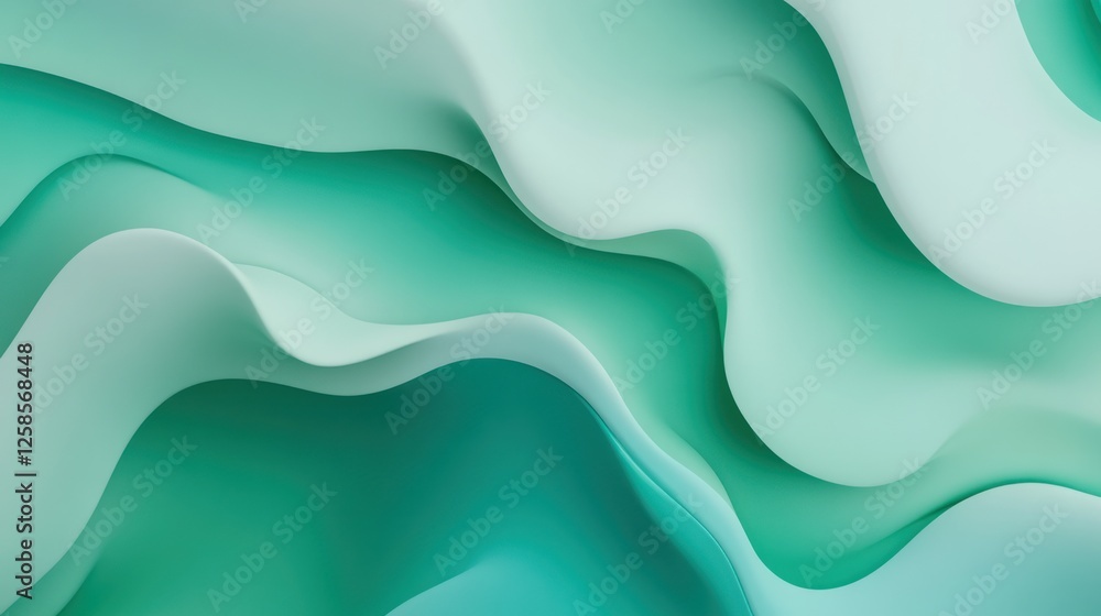 Poster an abstract representation of flowing shapes in soothing teal and green colors, creating a sense of 