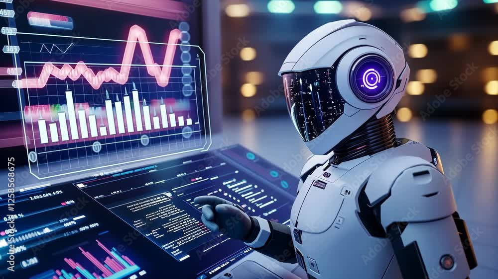 Poster robot analyzes data in high-tech environment during a modern research session