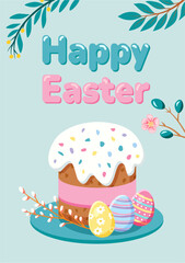 Happy Easter Poster with Colorful Basket and Decorative Eggs