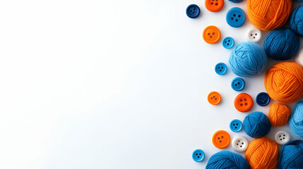 Colorful yarn balls and buttons arranged creatively on white background, ideal for crafting and DIY projects.