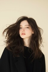 Dynamic Portrait of a Woman with Flowing Hair and Natural Elegance