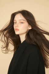 Dynamic Portrait of a Woman with Flowing Hair and Natural Elegance