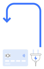 Obraz premium Credit card with NFC, electric plug with lightning symbol, and blue curved arrow. Ideal for payment systems, renewable energy, fintech, smart technology, sustainability, digital transformation