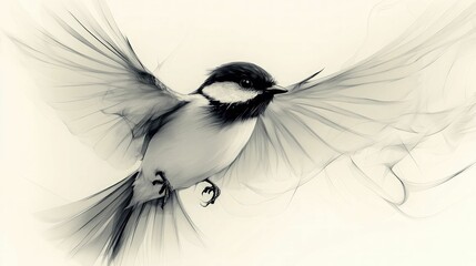 Elegant bird in flight, wings spread wide, grayscale art.