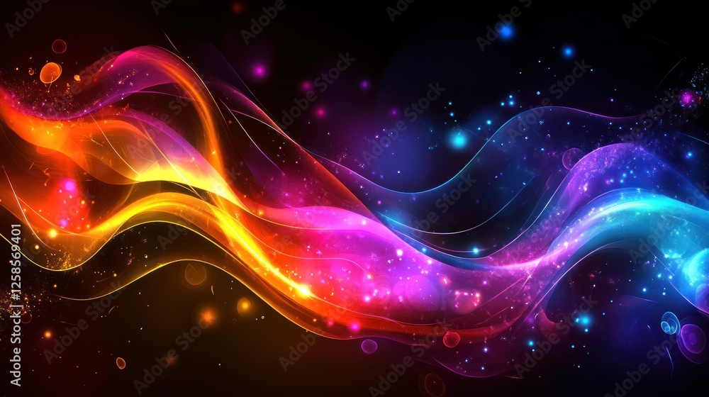 Poster an abstract wave design with vibrant colors, creating a mesmerizing flow of light and energy against