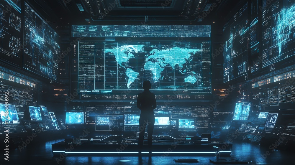 Poster a person at a hightech control center, monitoring global cybersecurity threats on multiple screens, 