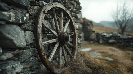 Fototapeta premium An antique wooden wheel rests against a moss-covered stone wall, showcasing the beauty of rustic architecture and nature's harmony in a tranquil setting.