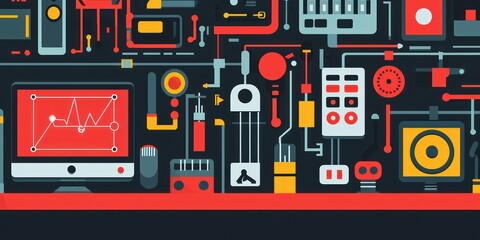 A flat design icon of a team working together at a table, with digital screens and devices.