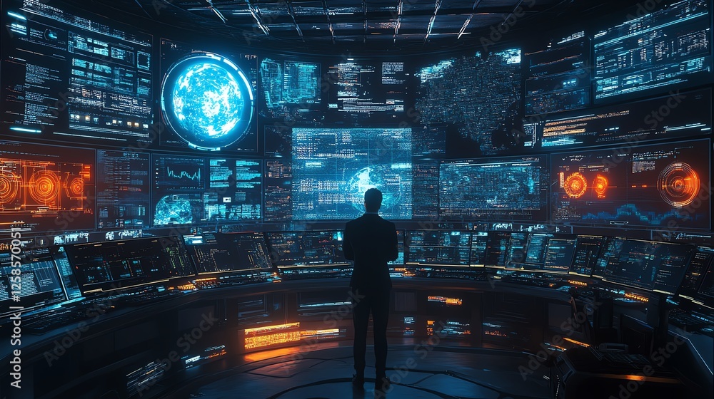 Poster cybersecurity analyst in a control center, tracking global threats on multiple digital screens, adva