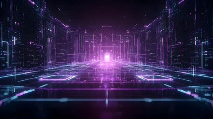 Futuristic Digital City Glowing Neon Purple Pink Lines