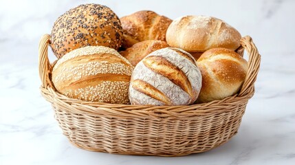 Variety of Fresh Artisan Breads in Wicker Basket on Marble Surface