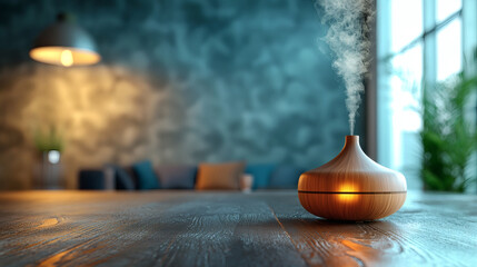 Aroma diffuser emitting vapor in warm ambient light with window reflection creates spa atmosphere in peaceful setting