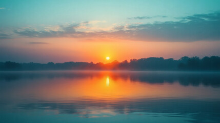 Fototapeta premium Tranquil sunset reflects orange glow on calm lake surface with silhouette tree line under peaceful blue twilight sky