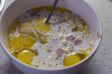 Chicken eggs, cheese, salt, pepper in a bowl are prepared for an egg omelette
