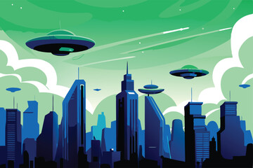 A futuristic alien city skyline at sunset, showcasing gleaming metallic skyscrapers and high-tech architecture.  Detailed, vibrant, and atmospheric.