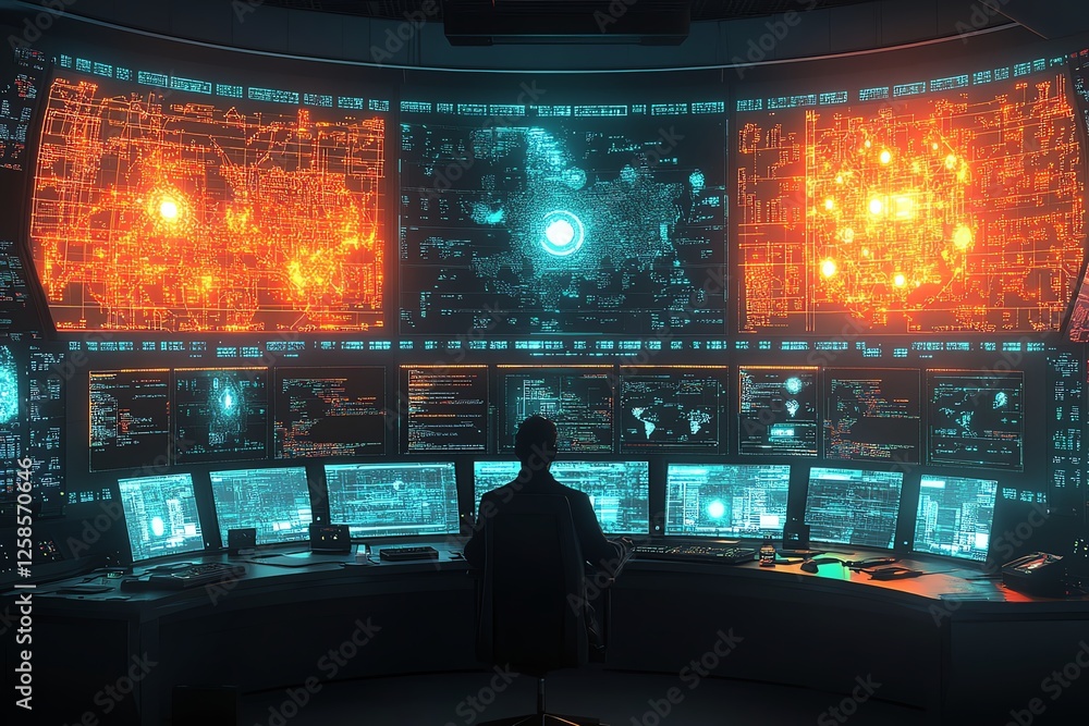Poster person at a control center, overseeing global cybersecurity on multiple screens, glowing data patter