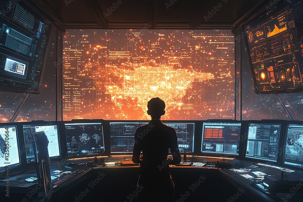 Poster person at a control center, overseeing global cybersecurity on multiple screens, glowing data patter