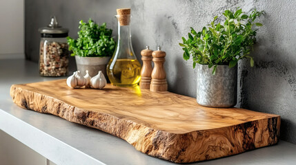 Live edge wooden board with olive oil and potted herbs on rustic kitchen counter, fresh greenery in zinc container, home decor