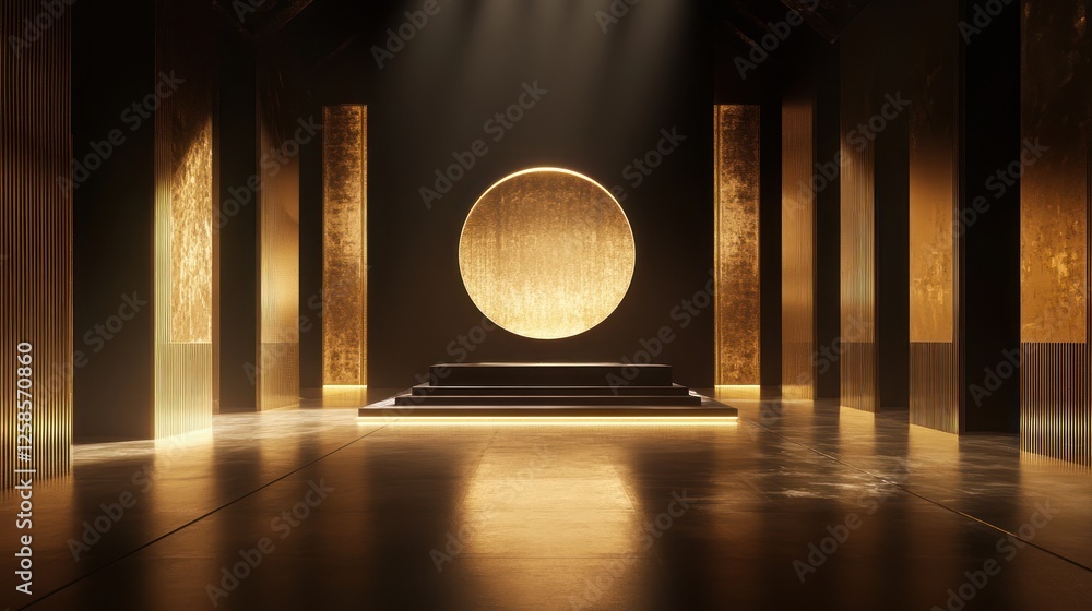 Poster an elegant and tranquil interior featuring a large circular element illuminated by ambient light, sh