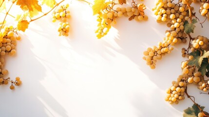 An elegant arrangement of golden grapes surrounded by lush green leaves on a white background, perfect for wine or harvest-themed projects.