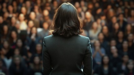 A dark haired woman gives a speech to a large audience, standing on stage with confidence. The crowd listens attentively, creating a dynamic public speaking atmosphere