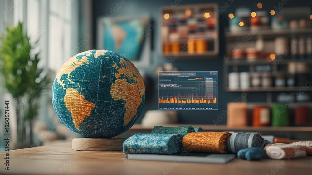 Poster a colorful globe sits on a wooden table next to neatly stacked fabrics, with a digital display showi