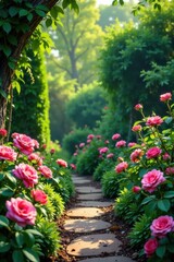 Fototapeta premium Whimsical garden scene with roses and ferns , garden, flowers, vines