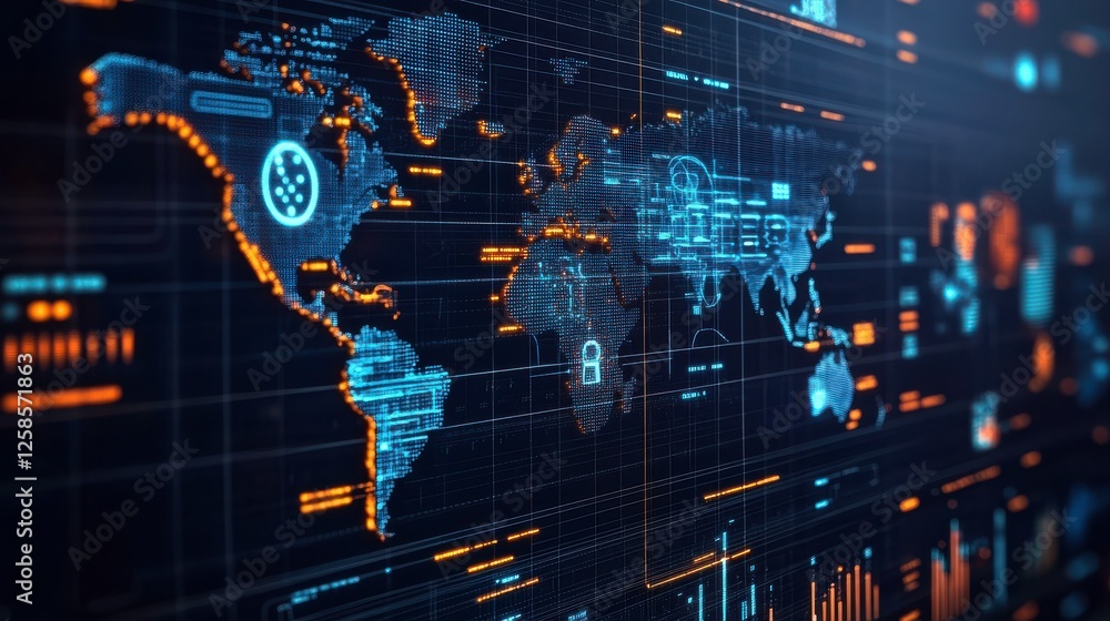 Poster a digital world map illuminated with blue and orange data points, representing global connectivity a
