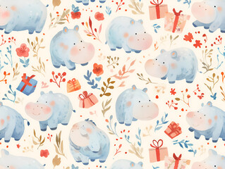 Cute Baby Hippo Seamless Pattern with Gifts and Floral Elements