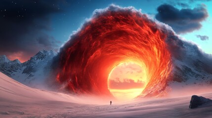 A lone figure stands before a fiery, otherworldly portal nestled amidst snow-covered mountains.  A breathtaking contrast of heat and cold.