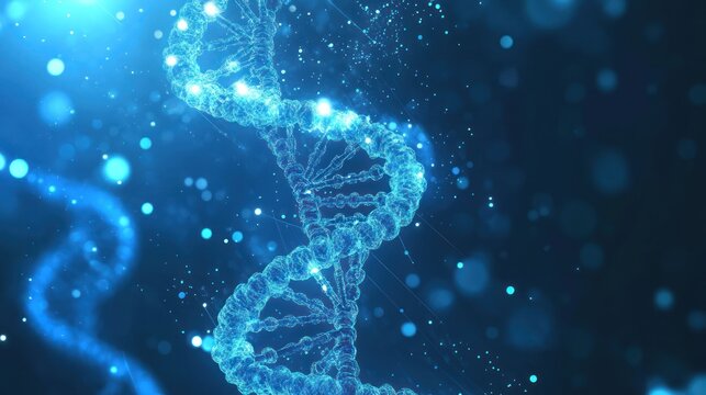 An intricate digital representation of a DNA strand, glowing in shades of blue, symbolizing genetic research and molecular biology advancements.