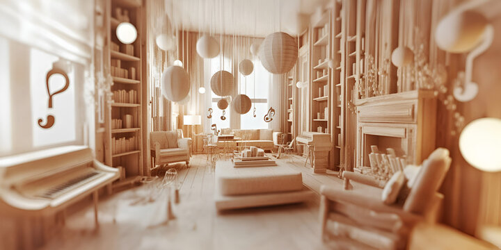 Whimsical Living Room: A surreal and dreamy living room design with floating orbs, minimalist furniture, and a muted beige palette creates a captivating atmosphere of tranquility and wonder.