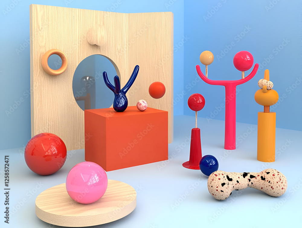 Poster abstract still life: playful composition of colorful 3d rendered objects: a vibrant and playful comp