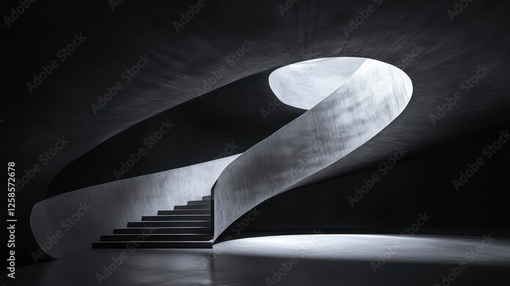 Poster a monochrome image of a spiral form in a dimly lit space light emanates from the picture's core, con