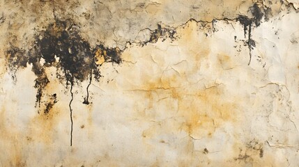 Distressed beige surface featuring paint crackles, stains, spots, and a dark smudge provides a grunge texture 