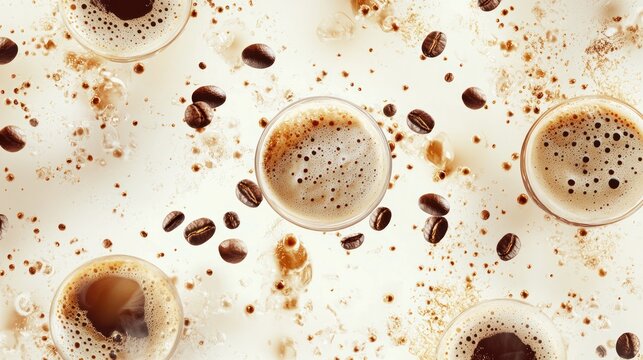 An overhead view of coffee cups surrounded by scattered coffee beans and frothy surfaces, perfect for showcasing a coffee culture lifestyle.