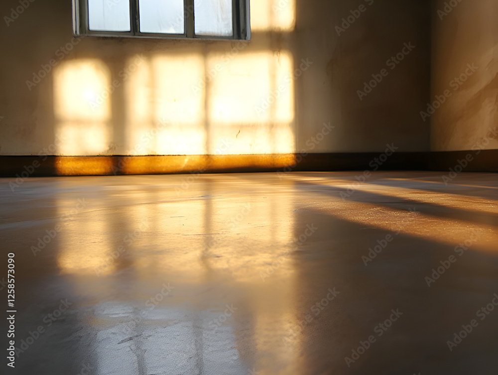 Poster sunlit room: warm sunlight streams through a window, casting a radiant glow across a polished floor,