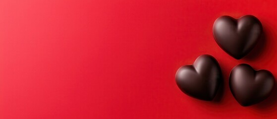 Delicious dark chocolate hearts on a vibrant red background perfect for Valentine's Day.
