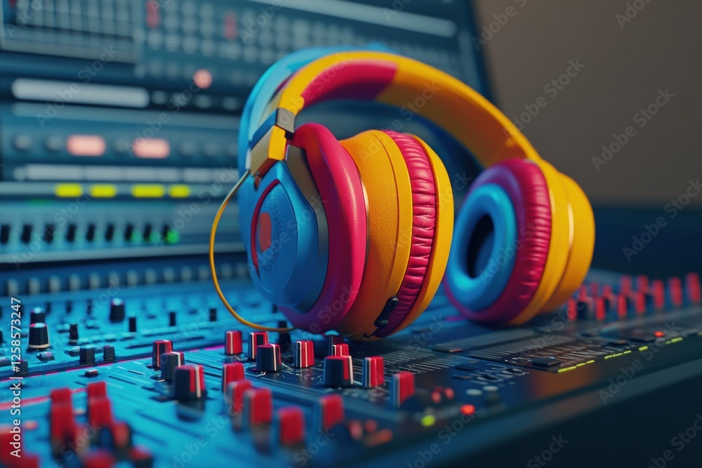 Poster colorful headphones resting on a music mixer in a modern studio setting creating a vibrant atmospher