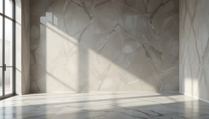 Obraz premium Bright Sunlight Illuminates Modern Room with Beige Marble Wall a
