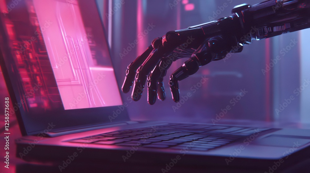 Poster a tight shot of a robot's hand hovering above a laptop's keyboard, while a laptop computer is positi