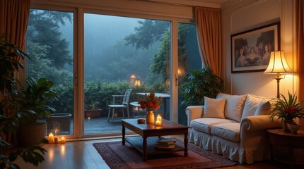 Fototapeta premium Cozy Interior View: Garden Patio on a Foggy Day
