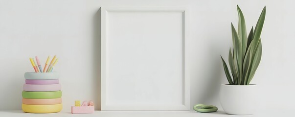 Cheerful toys displayed with blank frame home office decorative setup minimalist environment top view playful concept
